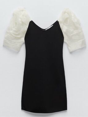 Zara Black Mini Dress with White Puff Sleeves